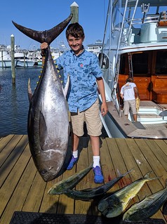 Mason Koehler poses with a nice bigeye tuna caught at the Baltimore Canyon.