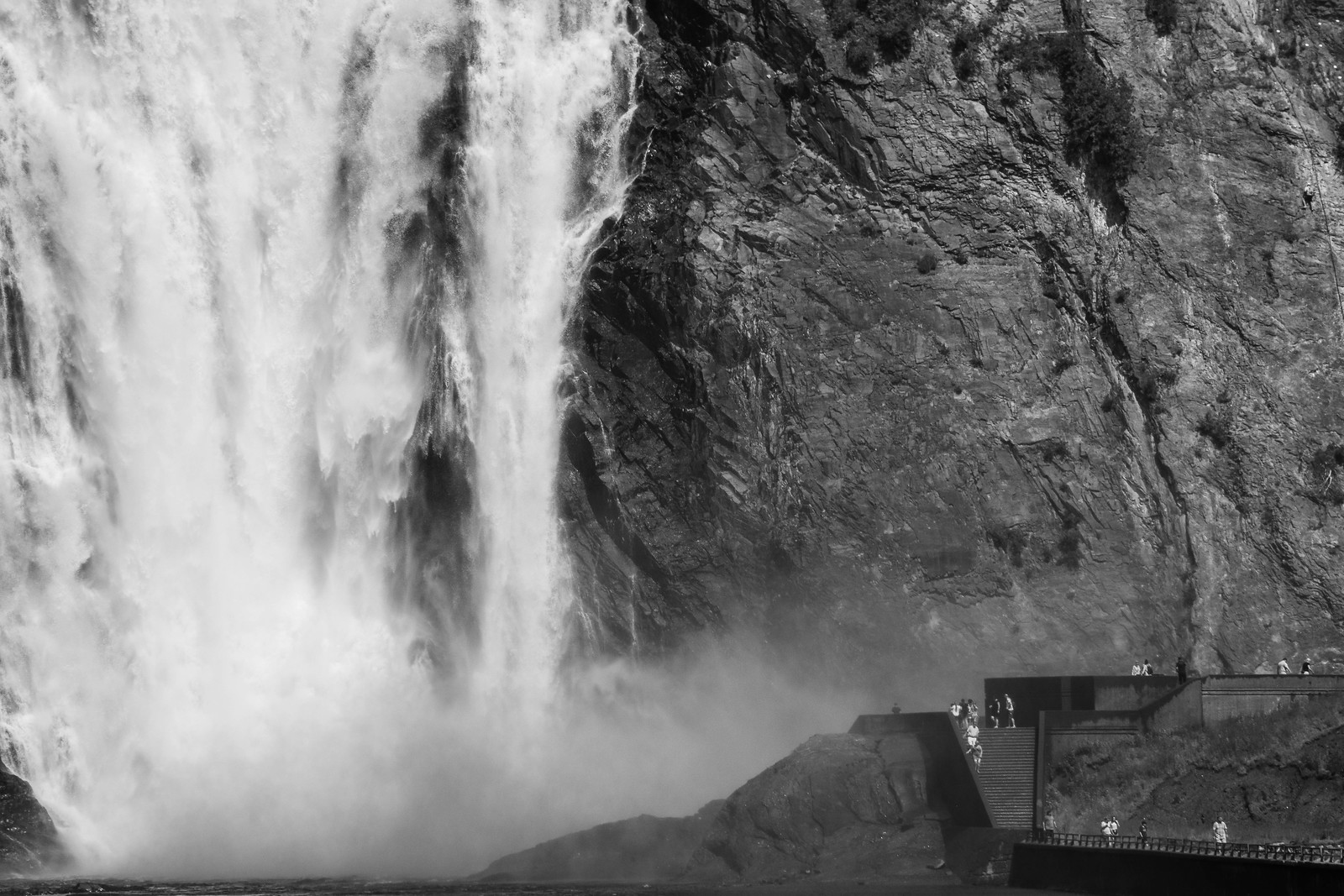 An Instagram shot, closeup of Montmorency Falls Park, black & white photography in Quebec City Canada