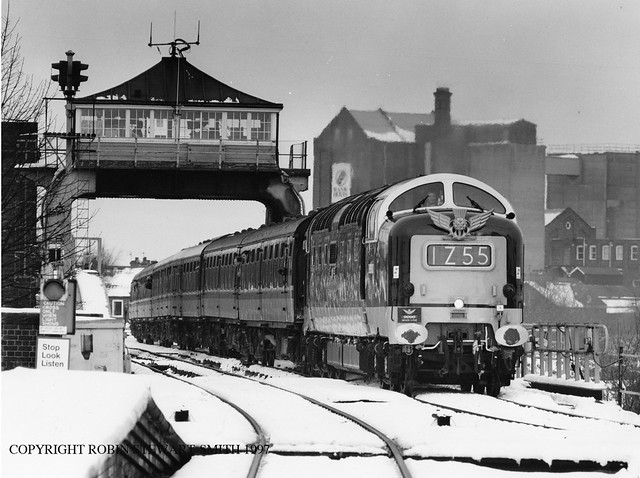 BR Deltic Class 55 No D9000 (55022 'Royal Scots Grey') leaves Selby Swing Bridge on 2nd January 1997