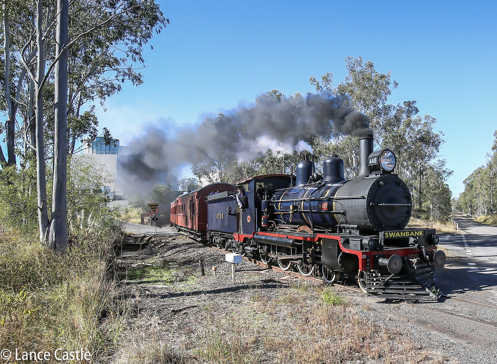 1908 built ex Queensland Rail steam locomotive class PB15 plate number 448 returning from SwanBank loop for return journey to Box Flat and Bundamba Ipswich.