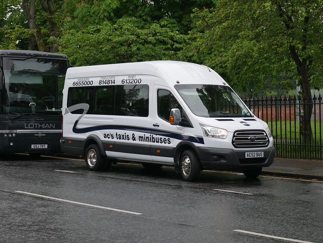 AC's Taxis & Minibuses of Tranent Ford Transit AC52BUS on football duty at Mount Florida, Glasgow, on 25 May 2019.