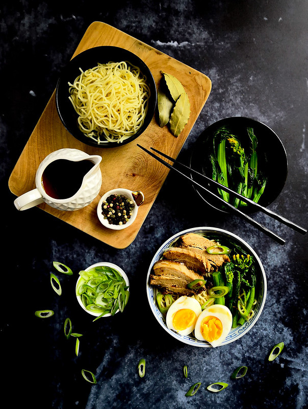 Slow cooked pork belly with noodles in vinegar broth