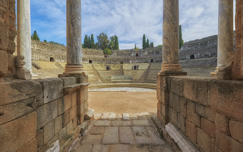 aged amphitheater ancient ancienttheatre archaeology architecture arena building centre classical columns colonnade exterior facade frontview historic impressive landmark marble old outdoor outside perspective proscenium roman ruins sight stage stone theatre tiered tribune wife merida extremadura spain mérida