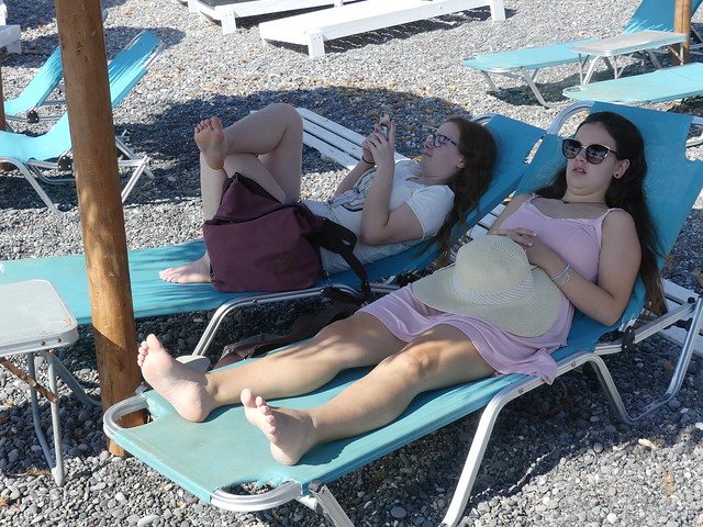 Madeline and Emily Relaxing on Kamari Beach