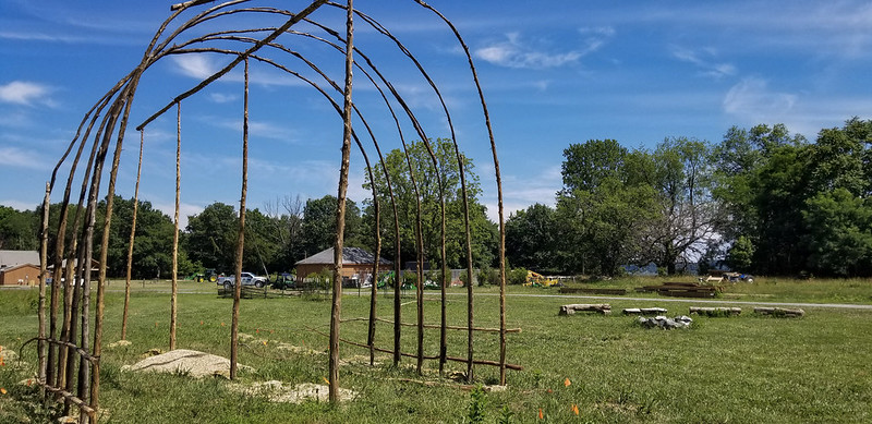 The 46-foot-long community longhouse is being built mostly with traditional construction methods. Widewater State Park, Va