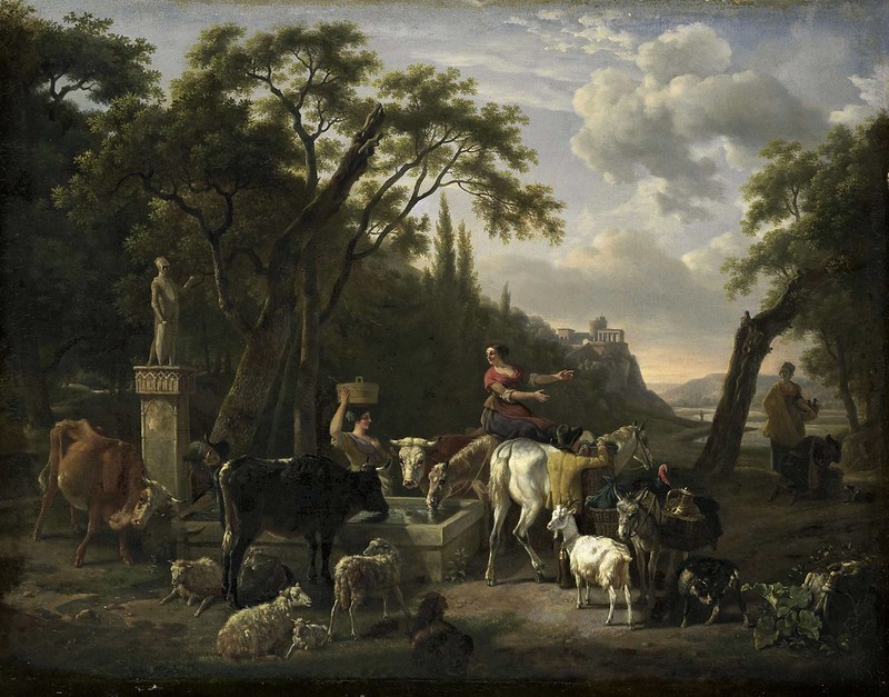 Jean-Louis de Marne (1752-1829) - Italian landscape with shepherds and cattle at a watering hole