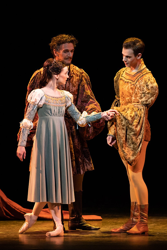 Gary Avis as Lord Capulet, Anna Rose O'Sullivan as Juliet and Tomas Mock as Paris in Romeo and Juliet, The Royal Ballet © 2019 ROH. Photograph by Helen Maybanks