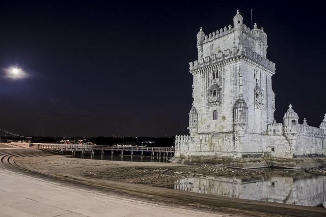 Belem Tower on Tagus River in Lisbon, Picture Taken at Blue Hour in Portugal.Toned Desaturated Image.