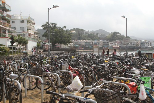 Bikes parked everywhere at the Yung Shue Wan ferry pier