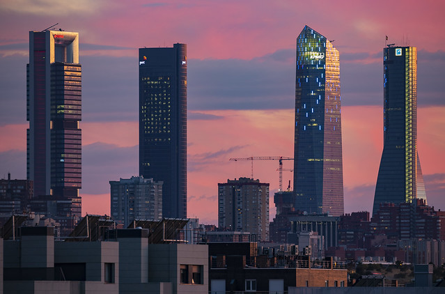 Another sunset sky behind the Cuatro Torres, Madrid, Spain.
