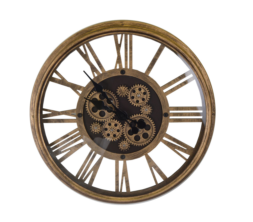 Moving Gears Antique Gold Steampunk Style Metal Wall Clock w/Roman Numerals