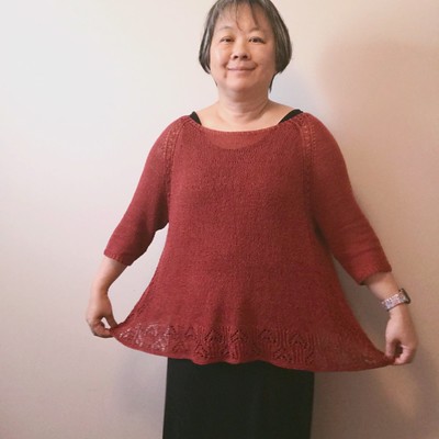 My Tulip sweater by Ririko is off my needles! Knit using one strand of Shibui Reed in Brick.