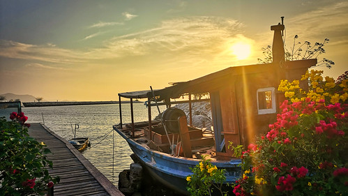 thailand sunset sky sea boat old ocean blue banamphur flowers seascape seashore pier
