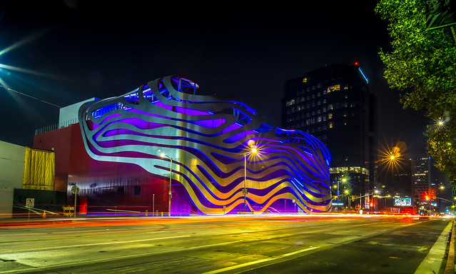 Los Angeles, California, USA, November, 2018: The Petersen Automotive Museum is located on Wilshire Boulevard at night