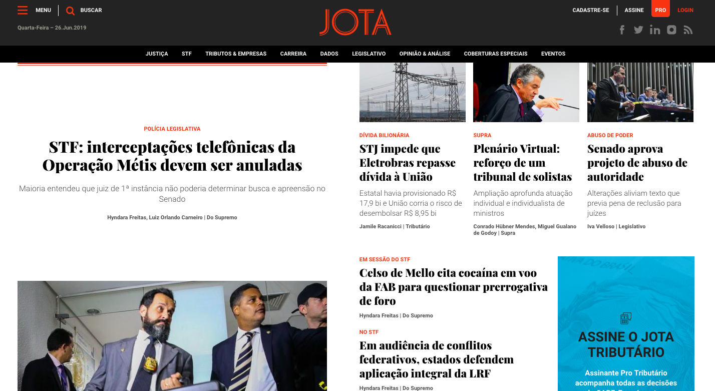 JOTA has expanded its coverage to include the three branches of the Brazilian government. (Screenshot)