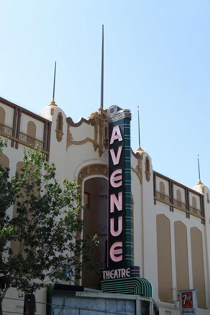 Avenue Theatre sign lighted in August 2017 before the official lighting ceremony the following month on San Bruno Avenue in San Francisco's Portola District 20170807-150949 cw50 C4