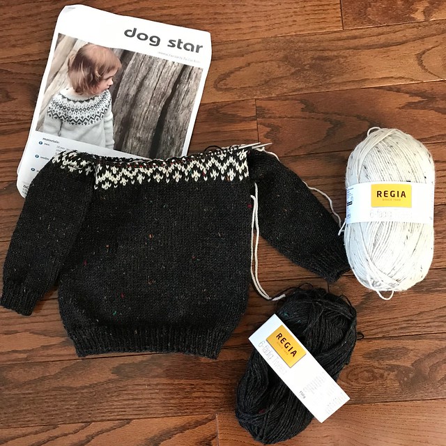Progress on the Dog Star sweater by tincanknits that I knit my grandson using Regia 6 ply Tweed