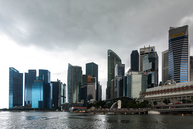 Storm Clouds, Financial District Buildings and Merlion Statue, Marina Bay, Singapore