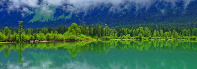 Panoramic mirror view of Moose Lake, BC, Canada