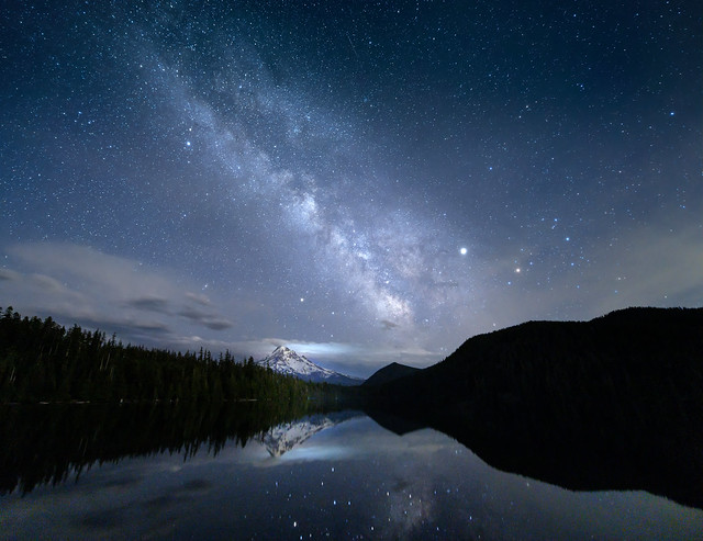 The Milky Way over Mt. Hood with stars reflected in Lost Lake, Mt. Hood National Forest, Cascade Mountains, Oregon