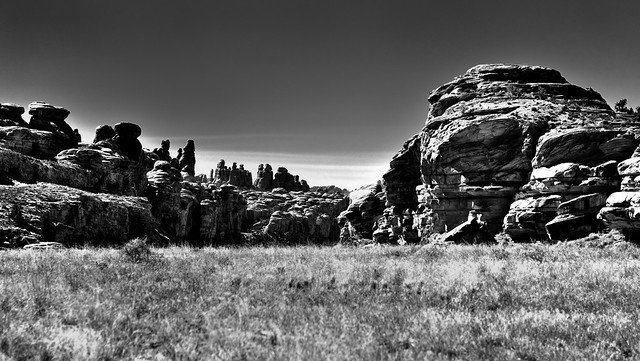Across the Desert Grassland to Sandstone Columns and Pillars with the Needles Skyline Beyond (Black & White, Canyonlands National Park)