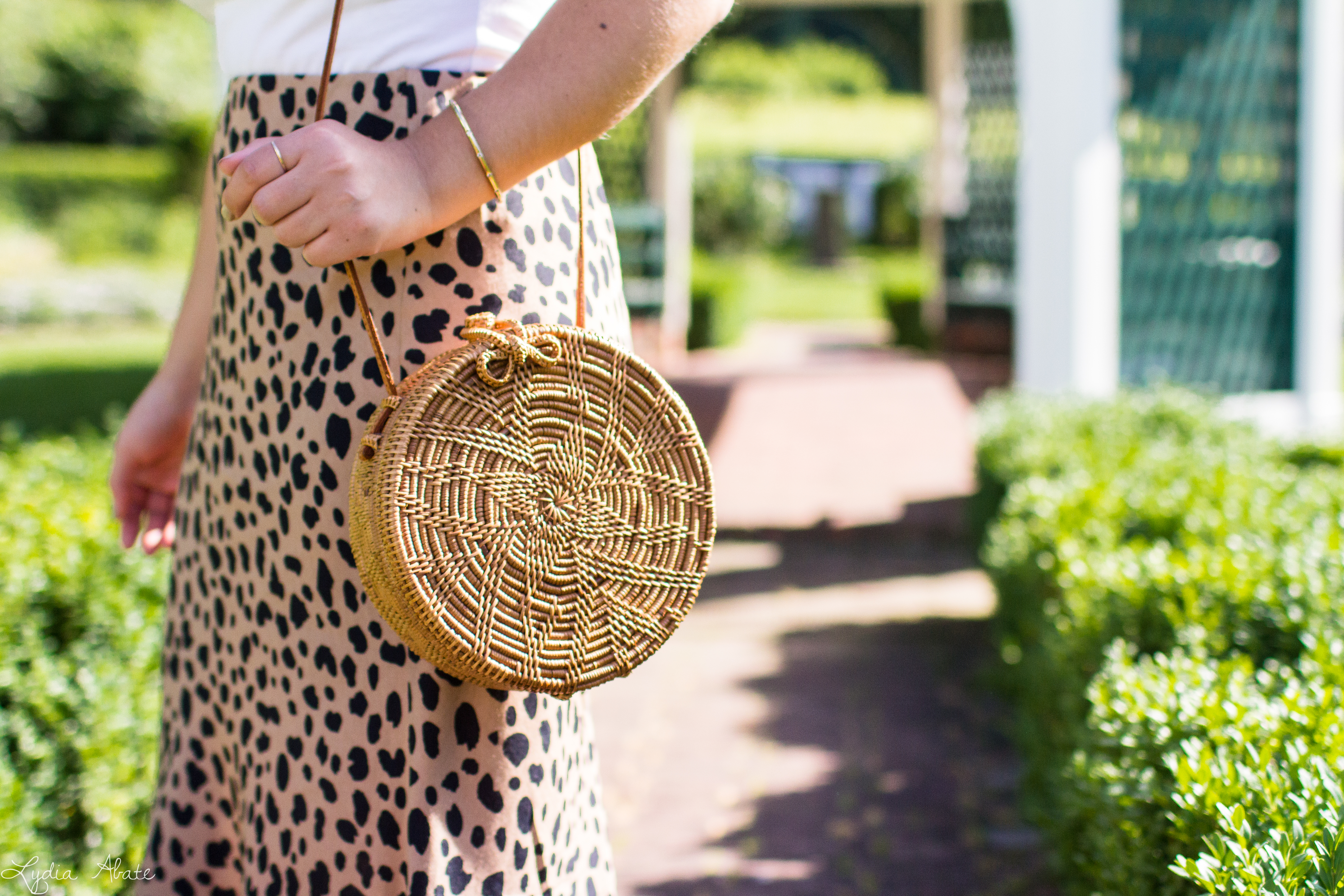 leopard midi skirt, white bodysuit, blush scalloped mules, round rattan bag-6.jpg