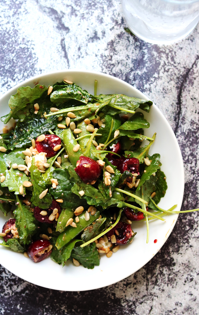 Early Summer Farmer's Market Salad with Cherries, Sugar Snap Peas, and Feta