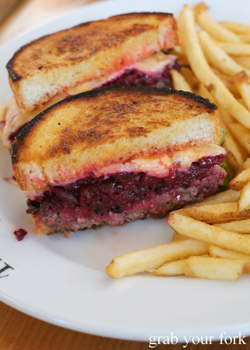 Rissole, beetroot and cheddar sandwich at The Old Fitzroy Hotel in Woolloomooloo Sydney