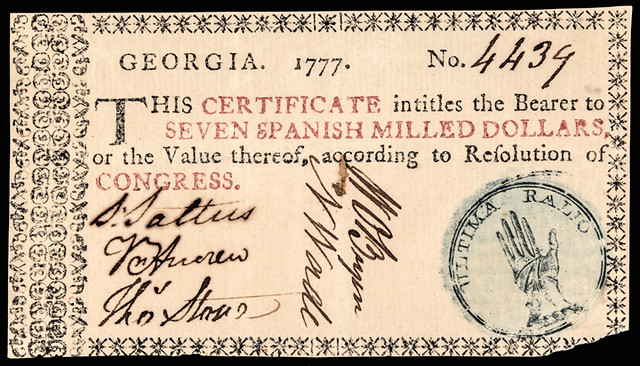1777 Georgia $7 Blue Ink Hand Vignette Seal