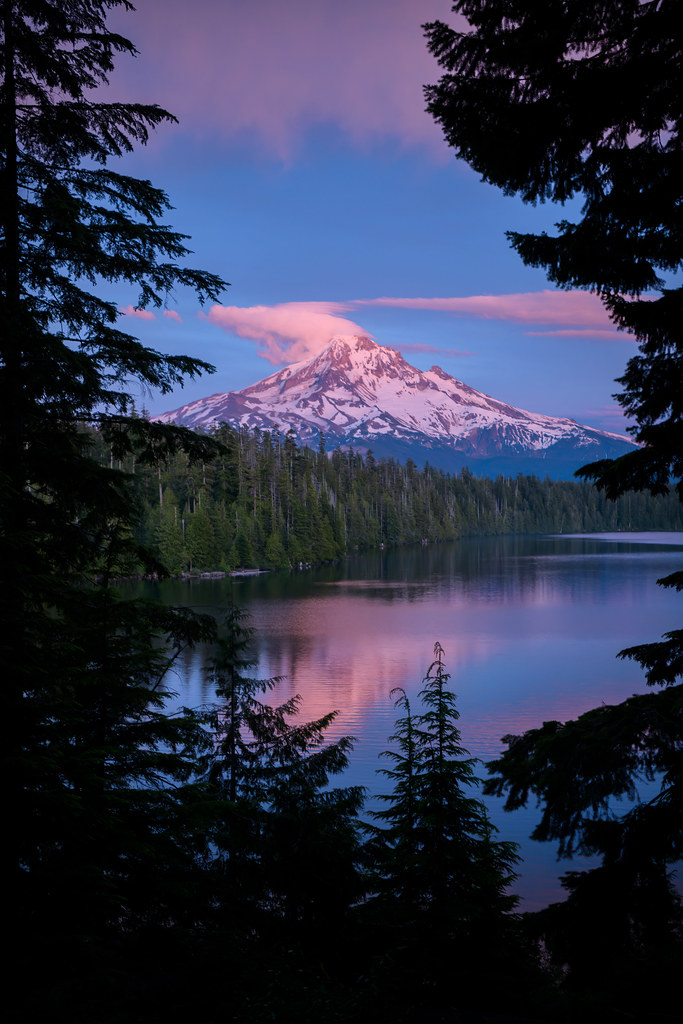 Late sunset light hitting Mt. Hood at Lost Lake, Mt. Hood National Forest, Cascade Mountains, Oregon