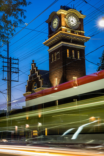 A streetcar passes by old Fire Station #17 - The Beaches, Toronto