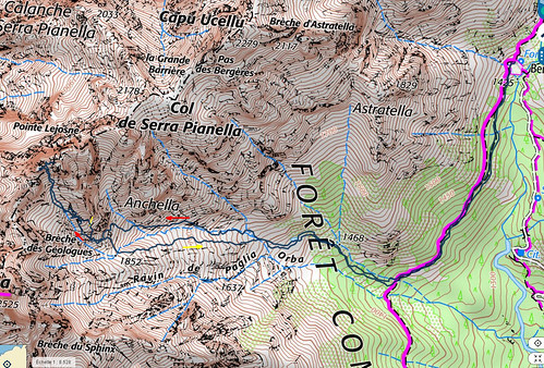 Carte IGN Géoportail avec itinéraire des Due Sore W et le secteur Paglia Orba - Grande Barrière