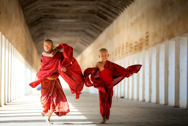 Buddhism novices are walking with umberella in temple