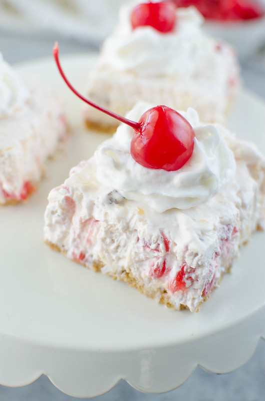 No Bake Million Dollar Pie Bars - sweet creamy bars filled with pineapple, maraschino cherries, coconut and pecans! They are so delicious and so easy! 