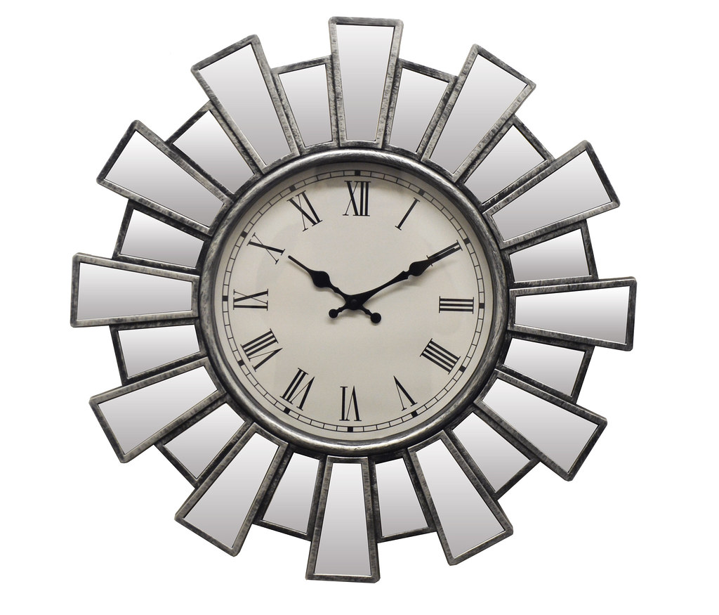 Round Silver & Mirror Sunburst Wall Clock Roman Numerals Battery Operated Elegant Wall Decor For Home Or Office