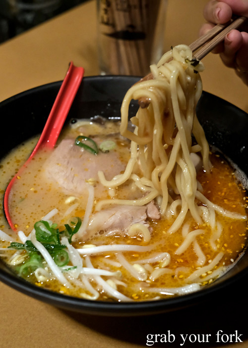 Miso ramen with chicken and pork stock at Crescent Ramen Bar in a Japanese hostess bar in a Sydney basement