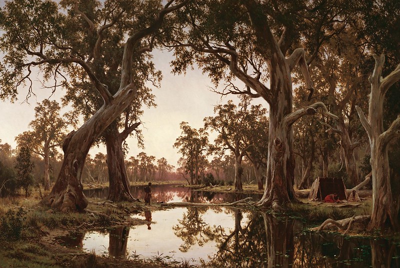 Henry James Johnstone (1835-1907) - Evening shadows, backwater of the Murray, South Australia (1880)
