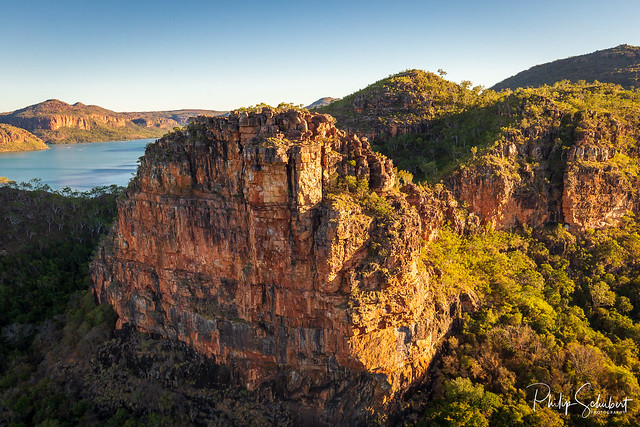 Landscape aerial view of cliff and crags at the mouth of Porosus Creek in Prince Frederick Harbor in the remote North Kimberley of Australia.