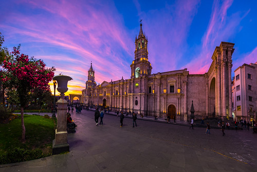 arequipa peru cathedral catholic sunset architecture architechural colonial city street