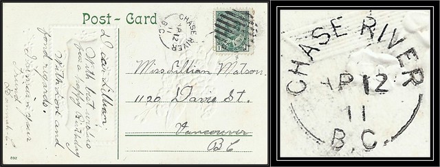 British Columbia / B.C. Postal History - 12 April 1911 - CHASE RIVER, B.C. (split ring / broken circle cancel / postmark) to Vancouver, B.C.