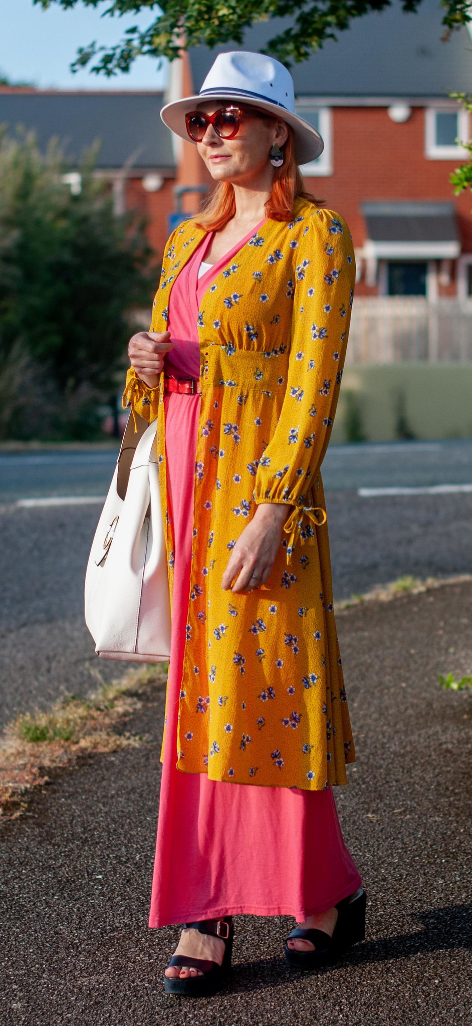 A Pink Cooling Fabric Summer Dress (Perfect For Over 40 and Over 50 Women) With a Yellow Kimono Jacket and White Fedora | Not Dressed As Lamb, Over 40 Style