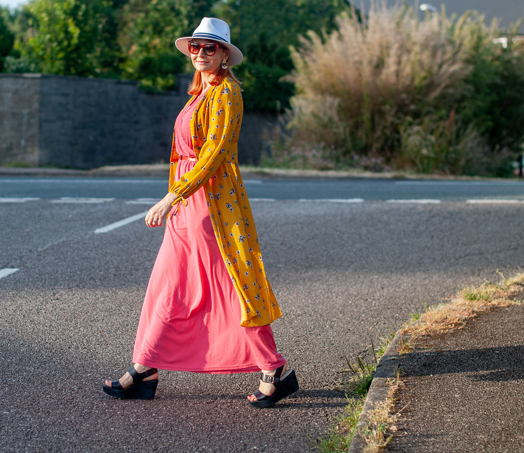 A Pink Cooling Fabric Summer Dress (Perfect For Over 40 and Over 50 Women) With a Yellow Kimono Jacket and White Fedora | Not Dressed As Lamb, Over 40 Style
