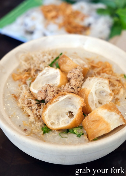 Chao free range chicken congee with fried bread and pork floss at Banh Cuon Ba Oanh in Marrickville Sydney