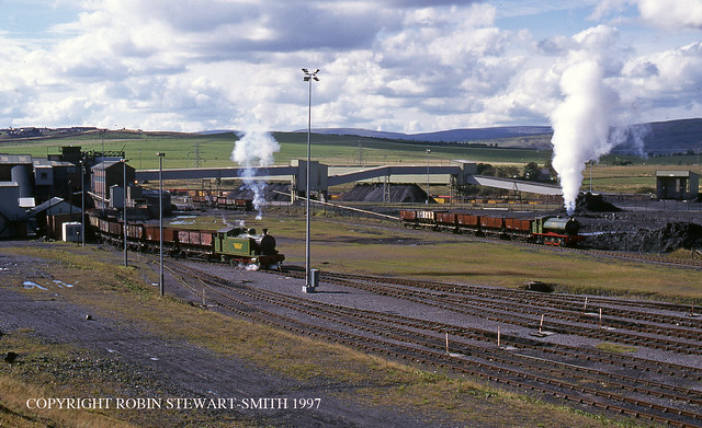 CELTIC ENERGY Onllwyn Washery - 'Meaford No 2' and 'Whiston' ( both from the Foxfield Railway) working coal hoppers in Coal Stock Yard during a Freight Train Productions photographic event on 30th August 1997