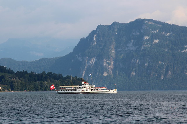 Dampfschiff DS Gallia ( Baujahr 1913 - Bauwerft Escher - Wyss Zürich - Länge 62.85 m ) der Schifffahrtsgesellschaft Vierwaldstättersees SGV auf dem Vierwaldstättersee ( Lac des Quatre-Cantons - Lago dei Quattro Cantoni ) in der Zentralschweiz der Schweiz
