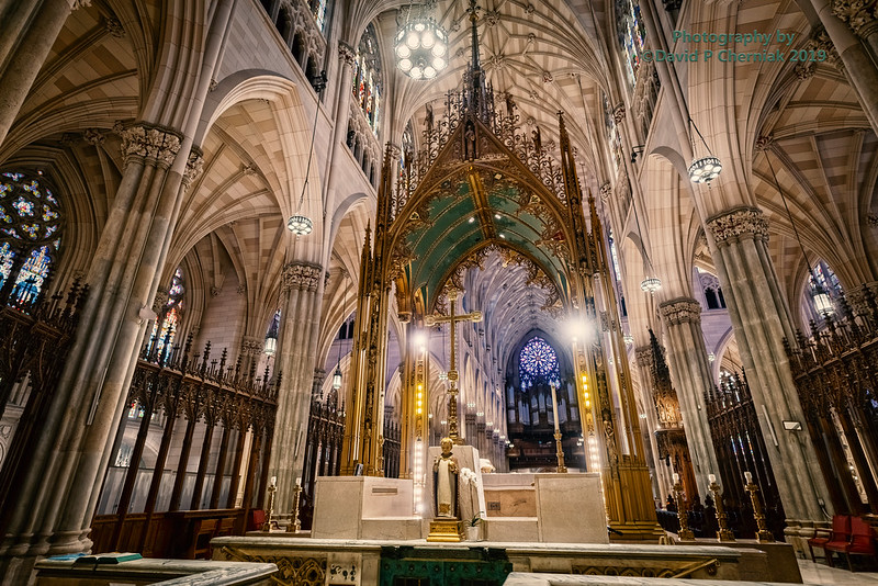 The Sanctuary Close Up Right Side Neo-Gothic St. Patrick's Cathedral 1879 Stunning 3 yr Restoration HDR (2092) Dave's Birthday NYC 7-12-2019.