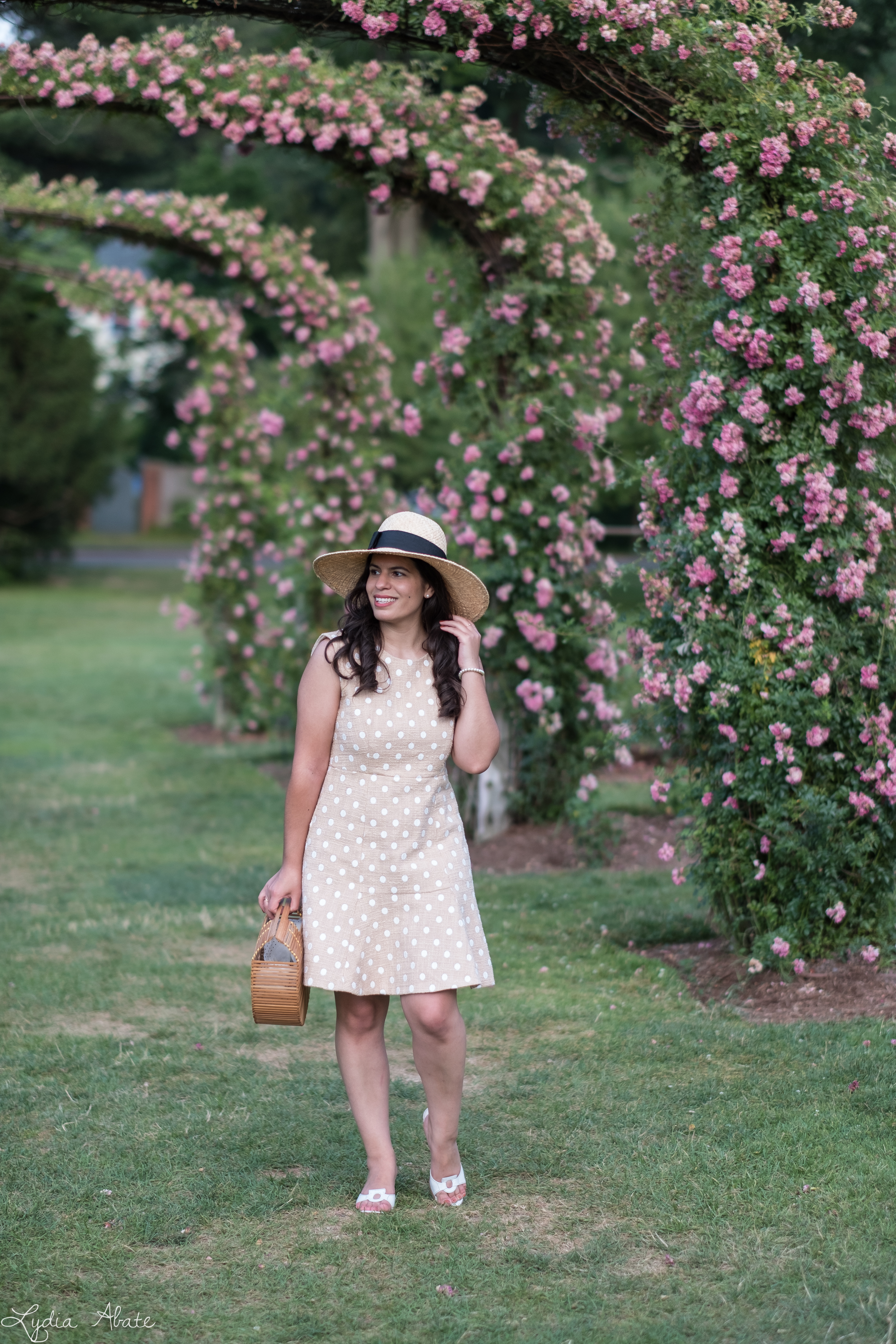 tan and white polka dot dress, straw sun hat, bamboo bag, white slides-5.jpg