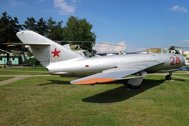 28 RED Former Russian Air Force Mikoyan-Gurevich MiG-17 on display in the Belarus Aerospace Museum at Borovaya Airfied Minsk on 25 May 2019