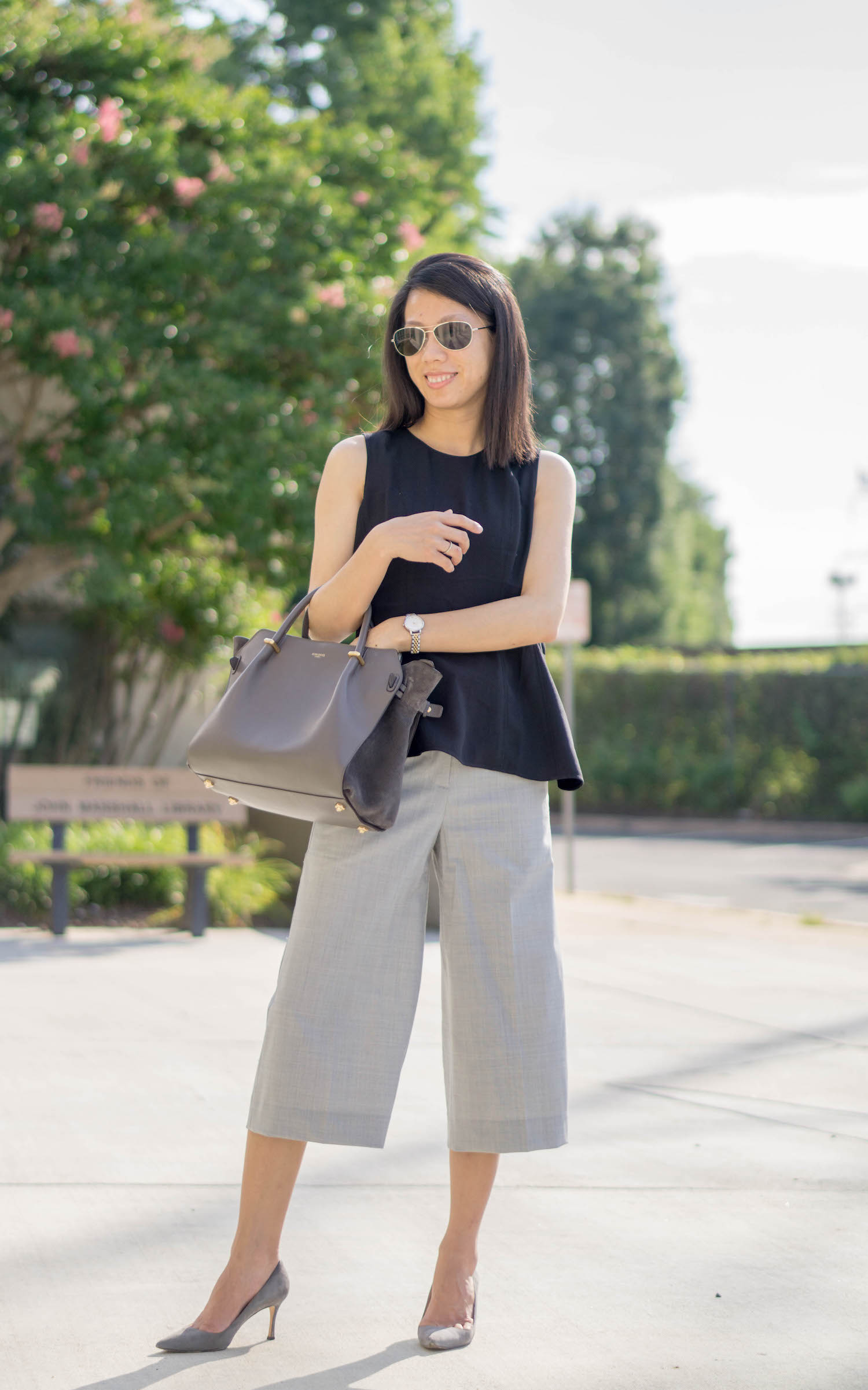 Ann Taylor seamed shell, J.Crew culotte in everyday wool, Nina Ricci small Marche in gris, Manolo Blahnik gray suede BB pumps, Olivia Burton two-tone round bracelet watch