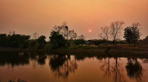 dusk sunset dawn lake twilight pond tree fog sky clouds trees reflection green forest sukhothai thailand smog haze dangerous pollutants sugarcane